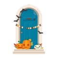 Halloween Door Decorations. Blue front door with Halloween decor Royalty Free Stock Photo