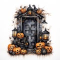 Halloween door entrance with pumpkins and Halloween decorations. Generative AI