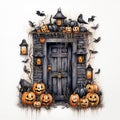 Halloween door entrance with pumpkins and Halloween decorations. Generative AI Royalty Free Stock Photo