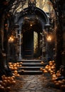 Halloween door entrance with pumpkins and Halloween decorations, Generative AI