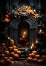 Halloween door entrance with pumpkins and Halloween decorations, Generative AI