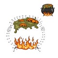 Halloween dot to dot game with witch cauldron. Isolated children drawing for educational book. Cartoon logic puzzle