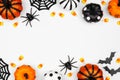 Halloween double border flat lay of pumpkins, candy and decor, over a white background Royalty Free Stock Photo