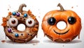 Halloween doughnuts with eyes and pumpkin isolated over white background Royalty Free Stock Photo