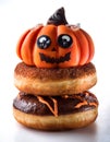 Halloween doughnuts with eyes and pumpkin isolated over white background Royalty Free Stock Photo