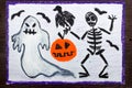 drawing: Bad ghost, skeleton, pumpkin and raven