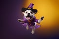 Halloween dressed dog jumping and smiling