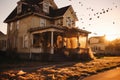 Halloween-dressed home facade with cobwebs, spiders, and paper bats, in warm sunset glow. Royalty Free Stock Photo