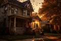 Halloween-dressed home facade with cobwebs, spiders, and paper bats, in warm sunset glow. Royalty Free Stock Photo