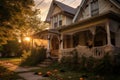 Halloween-dressed home facade with cobwebs, spiders, and paper bats, in warm sunset glow. Royalty Free Stock Photo