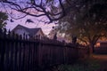 Halloween-dressed home facade with cobwebs, spiders, and paper bats, in warm sunset glow.