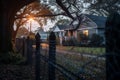 Halloween-dressed home facade with cobwebs, spiders, and paper bats, in warm sunset glow. Royalty Free Stock Photo