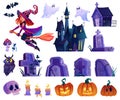 Halloween elements, castle and graves pumpkins