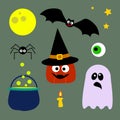 Halloween elements collection. Set of 9 elements: pumpkin, bat, moon, witch hat, eye, spider, stars, candle, boiling cauldron