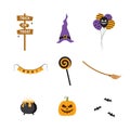 Halloween elements. Cute hand drawn icons for celebrating spooky night. Happy holiday signs. Vector illustration in flat Royalty Free Stock Photo