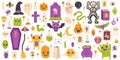 Halloween elements. Hand drawn halloween pumpkin, gravestone, ghost and bat isolated vector symbols set. Spooky Royalty Free Stock Photo