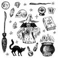 Halloween elements. Magic ball, witch with book of spells, cursed black cat, beldam and sorcery, hag or hex, potion and Royalty Free Stock Photo