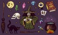 Halloween elements. Magic ball, witch with book of spells, cursed black cat, beldam and sorcery, hag or hex, potion and