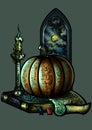 Halloween emblem with a pumpkin a candle a book and a window