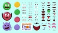 Halloween emoji vector creator kit. Smileys character set in zombie, vampire and devil monster costume with editable face parts.