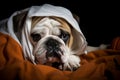 Halloween english bulldog looks at the camera in a sheet like a ghost on an orange plaid on a dark background with space