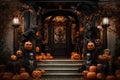 Halloween entrance door. Stairs decorated pumpkins. Generative AI