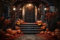 Halloween entrance door. Stairs decorated pumpkins. Generative AI