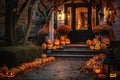 Halloween entrance door. Stairs decorated pumpkins. Generative AI