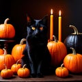 Halloween etude with black cat and pumpkins