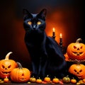 Halloween etude with black cat and pumpkins