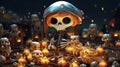Halloween event backdrop  - a cartoon character in a garment surrounded by small skulls Royalty Free Stock Photo
