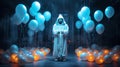 Halloween event decoration  - a person in a white mask standing in a room with balloons Royalty Free Stock Photo