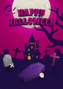 Halloween Event Poster Night Party Creepy Castle At Cemetery Headstone Bone Coffin Skull and Full Moon Vector Background Wallpaper