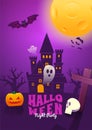 Halloween Event Poster Night Party Creepy Castle Ghost Headstone Skull Jack O Lantern Pumpkin and Full Moon Background Wallpaper