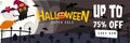 Halloween Event Super Sale Banner Discount Up To 75% With Big Moon, Grave, Cute Witch Cat, and Cute Bat Background Flat Design