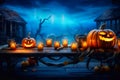 Halloween. Evil pumpkins in the cemetery and night sky. Generative AI