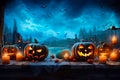 Halloween. Evil pumpkins in the cemetery and night sky. Generative AI