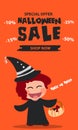 Halloween sale banner. Halloween background with pumpkin, ghost, monster, witch, black cats and candy . Invitation flyer or templa