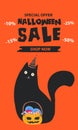 Halloween sale banner. Halloween background with pumpkin, ghost, monster, witch, black cats and candy . Invitation flyer or templa Royalty Free Stock Photo