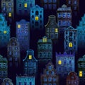 Halloween fairy dark night city seamless pattern of watercolor colorful european amsterdam style houses