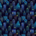 Halloween fairy dark night city seamless pattern of watercolor colorful european amsterdam style houses