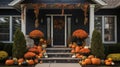 Halloween fall seasonal front porch decorations, exterior home decor, pumpkins, orange and black