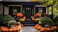 Halloween fall seasonal front porch decorations, exterior home decor, pumpkins, orange and black