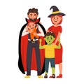 Halloween family holiday. Halloween party. Children and parents in halloween costumes.