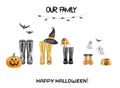 Halloween family print concept with watercolor wellies boots for four. Black and orange rain boots collection. Rubber boots