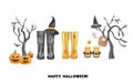Halloween family print concept with watercolor wellies boots for three. Black and orange rain boots collection. Rubber boots