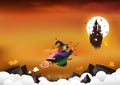 Halloween, fantasy and magic, witch riding a broom in night scene to sky ghost castle, party invites greeting card, mountains Royalty Free Stock Photo