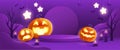 Halloween fantasy purple theme product display podium on paper graphic background with group of 3D illustration Jack O lantern