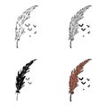 Halloween feather with bats sketch style in four options. Lines filled, colored and mono color Royalty Free Stock Photo