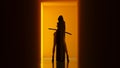 Halloween Female Samurai Assassin Demon Woman in a Orange Corridor with a Polished Floor Creepy Woman Evil Figure